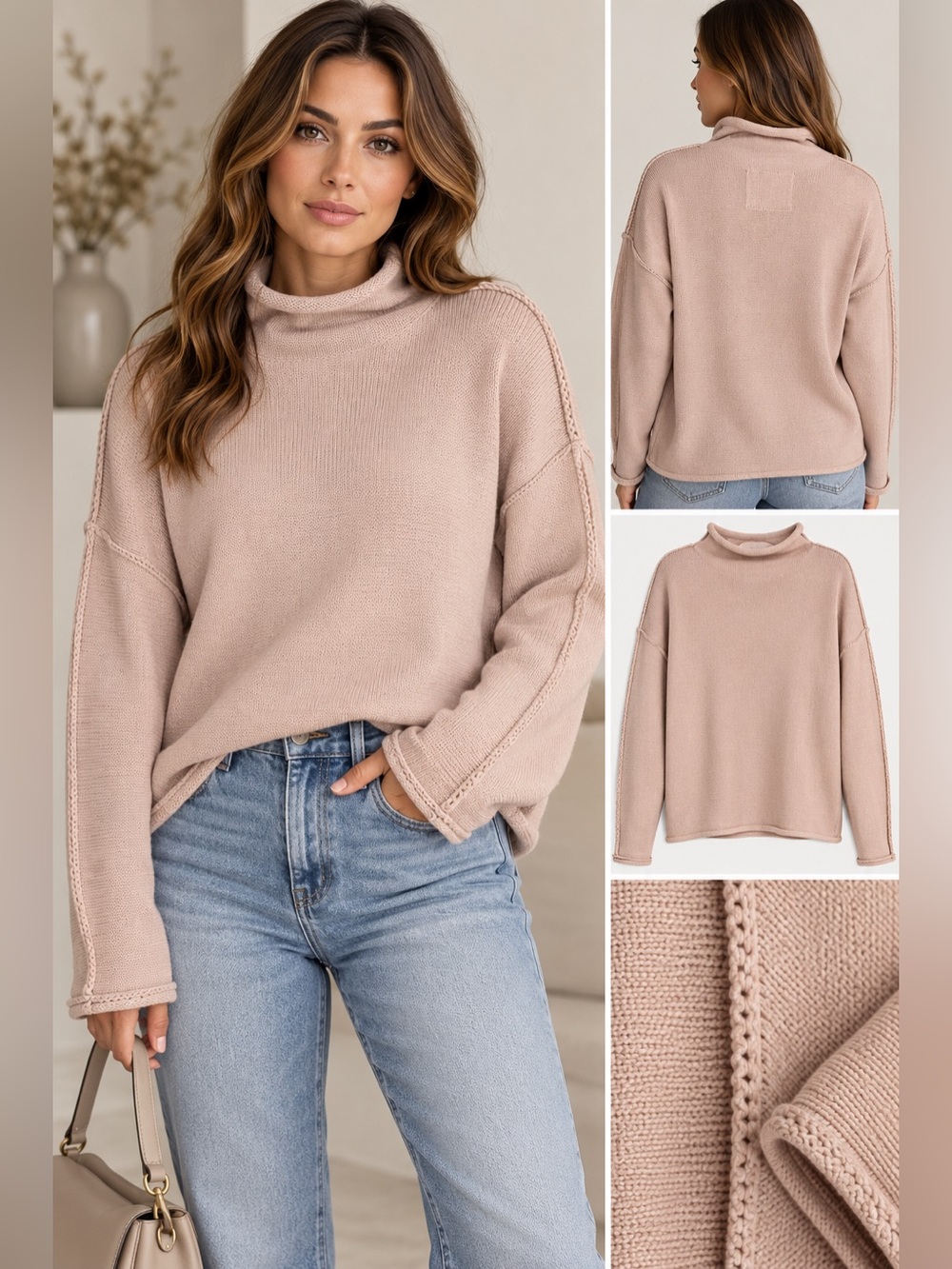 Frank & Eileen Monterey Funnel Neck Sweater M Feather Pink Italian Cotton